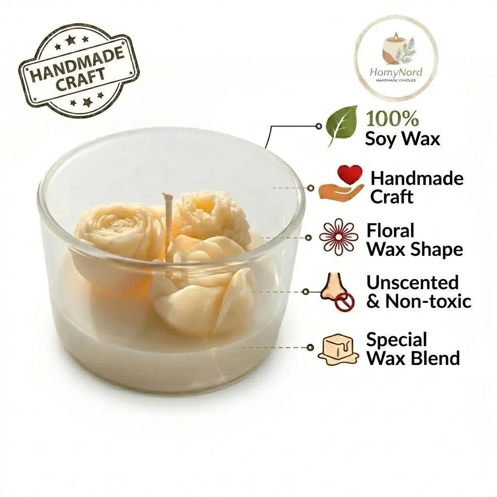 Handmade soy candle with floral wax shapes, unscented & non-toxic, crafted in Sweden