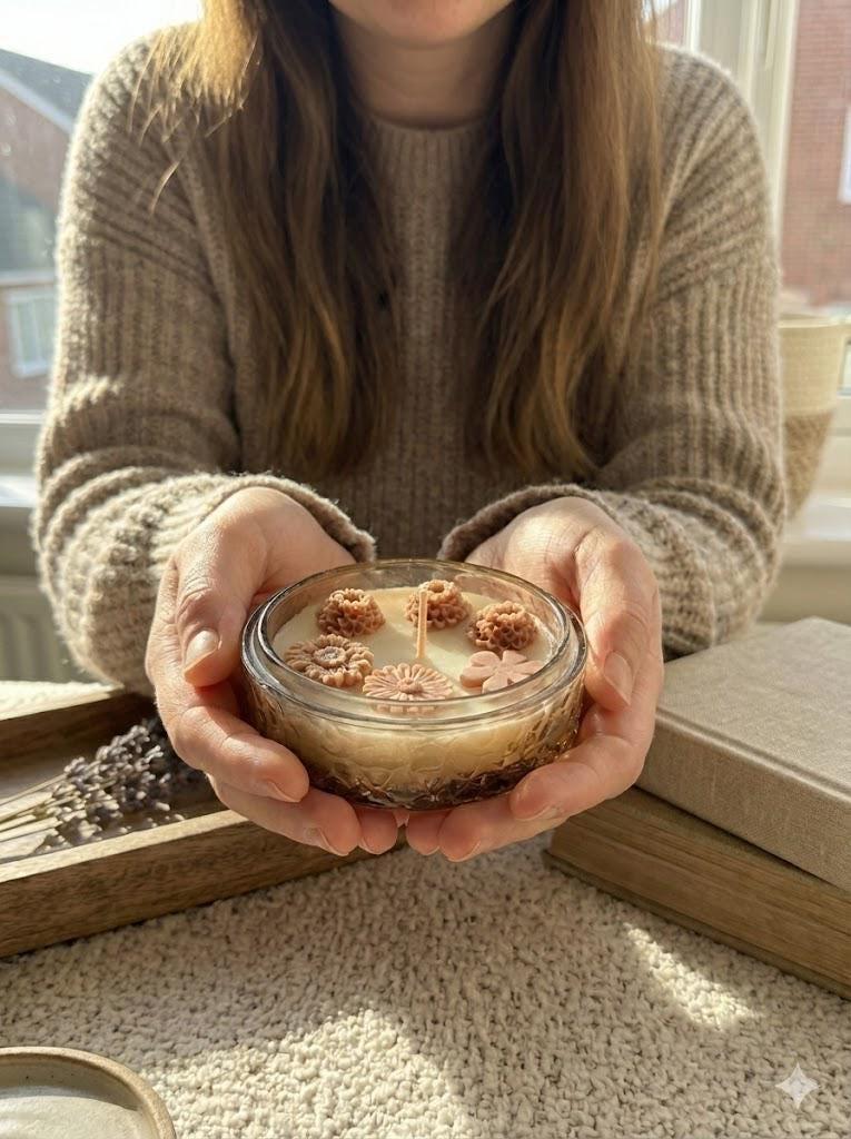 Handmade soy candle with floral wax designs, held gently in cozy sweater, perfect for Scandinavian home décor