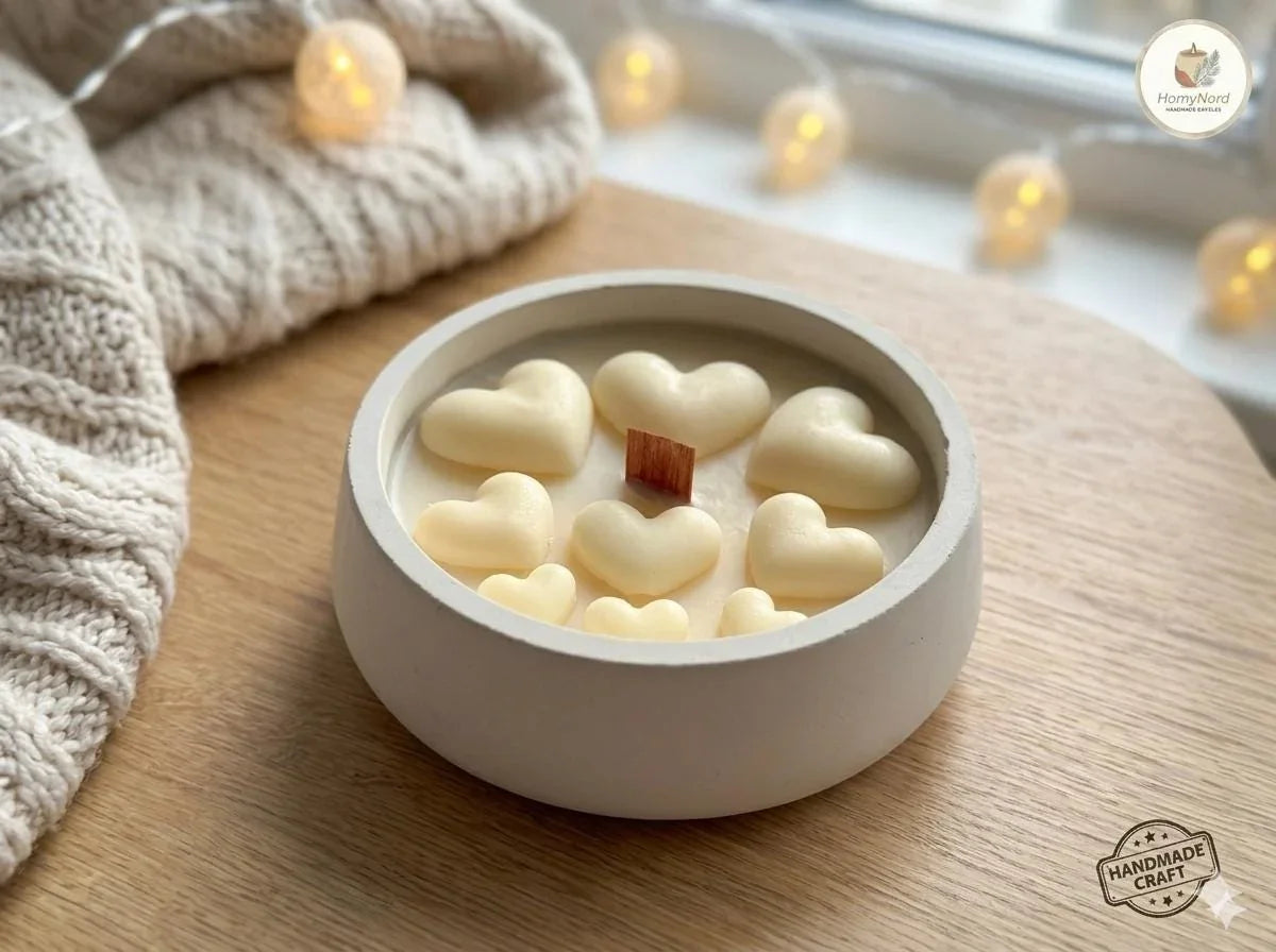 Handmade soy candle with heart-shaped wax melts in concrete bowl, cozy Scandinavian home decor