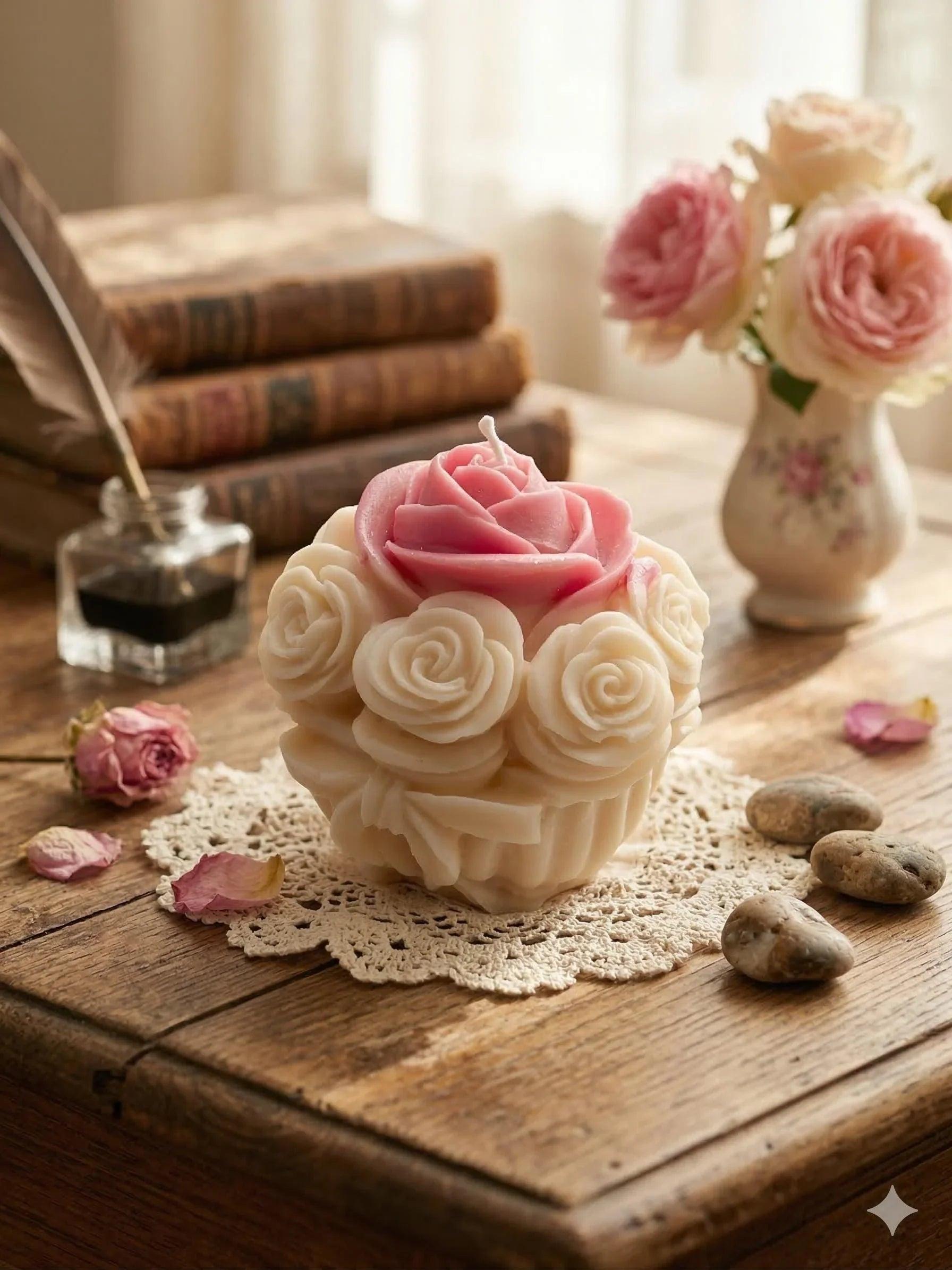 Handmade rose-shaped soy candle with pink and cream blooms, perfect for cozy home décor and thoughtful gifts.