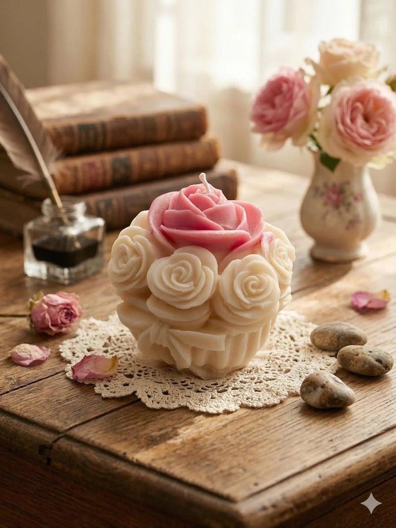 Handmade rose-shaped soy candle with pink and cream blooms, perfect for cozy home décor and thoughtful gifts.