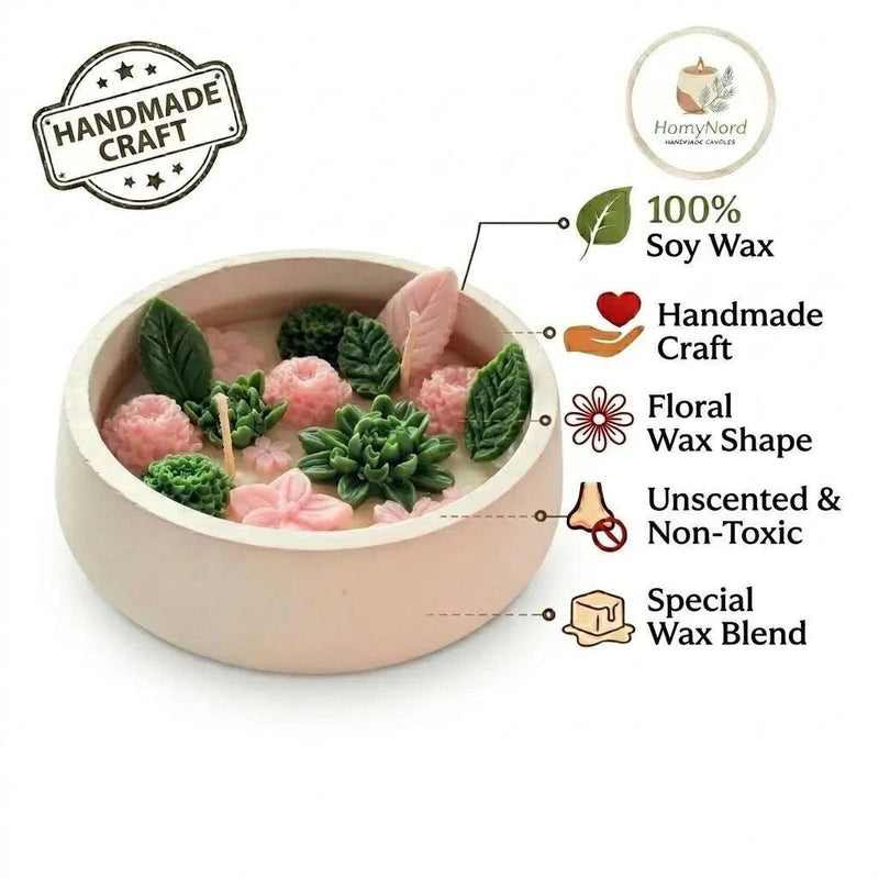 Handmade soy candle with floral wax shapes, unscented & non-toxic, Scandinavian home décor