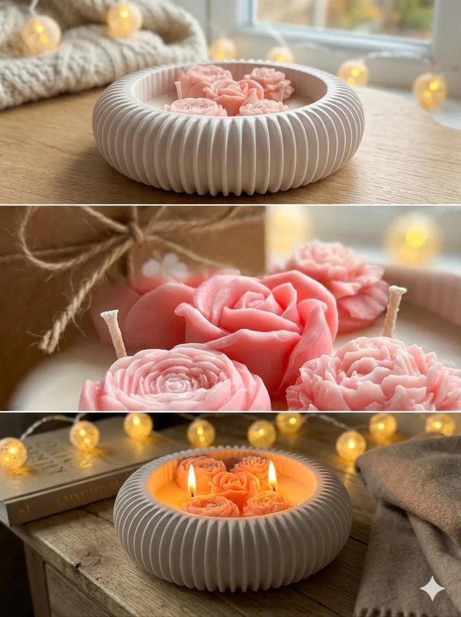 Handmade soy rose candles in white ceramic bowl, cozy Scandinavian home decor with warm fairy lights