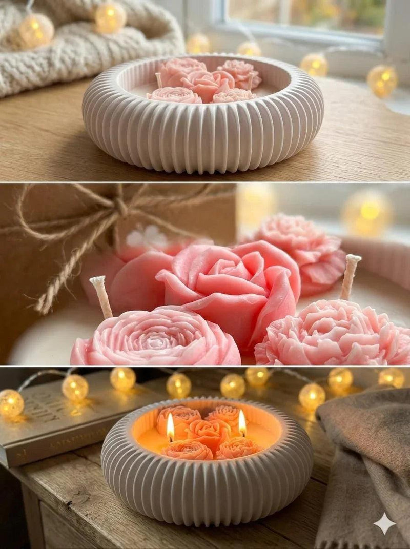 Handmade soy rose candles in white ceramic bowl, cozy Scandinavian home decor with warm fairy lights