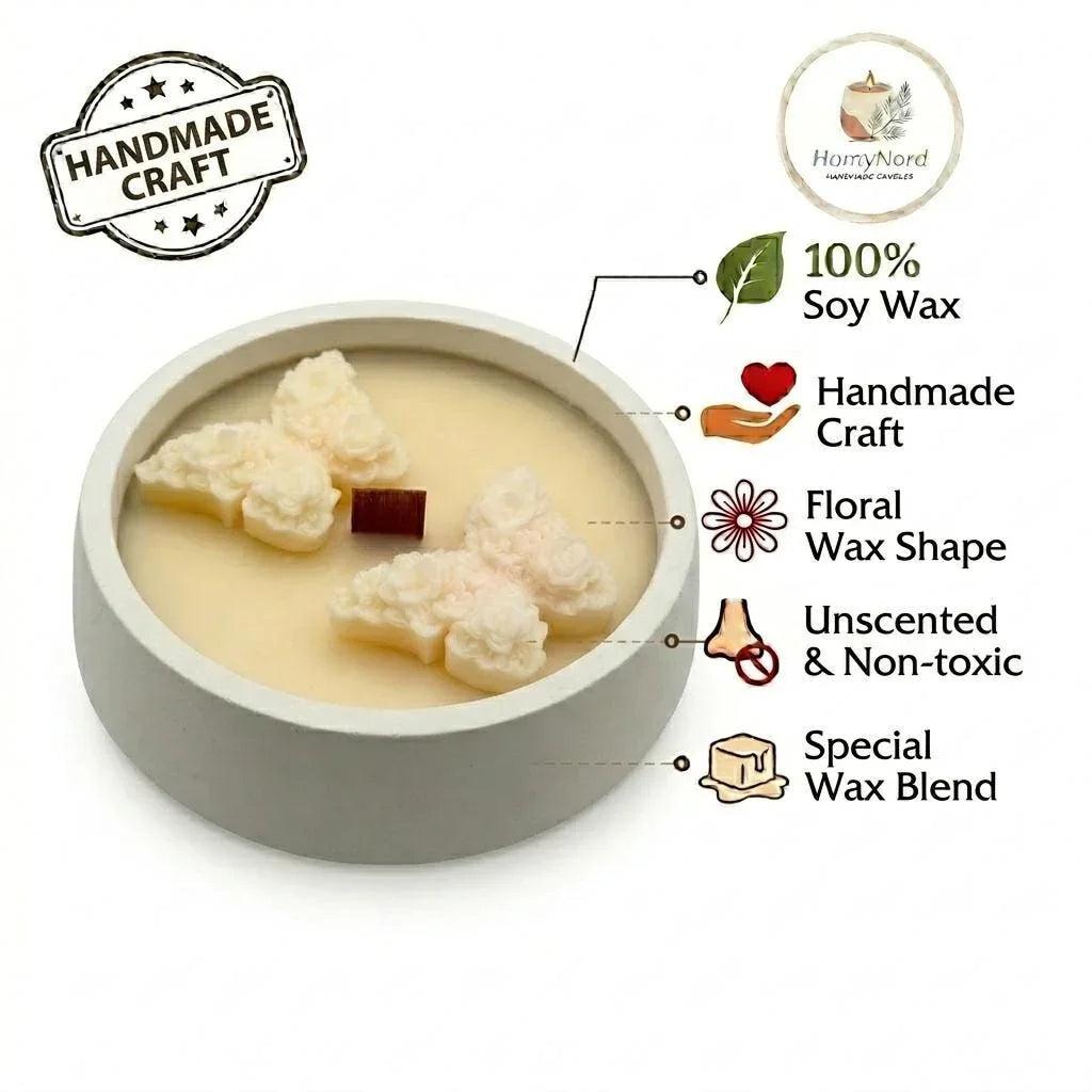 Handmade soy candle with floral wax shapes, unscented and non-toxic, crafted in Sweden