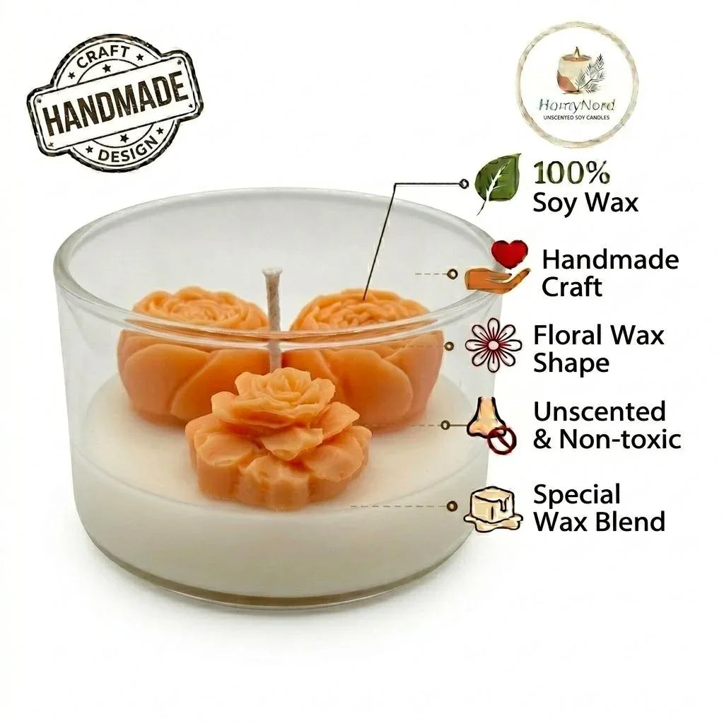 Handmade soy candle with floral wax roses, unscented and non-toxic, crafted in Sweden