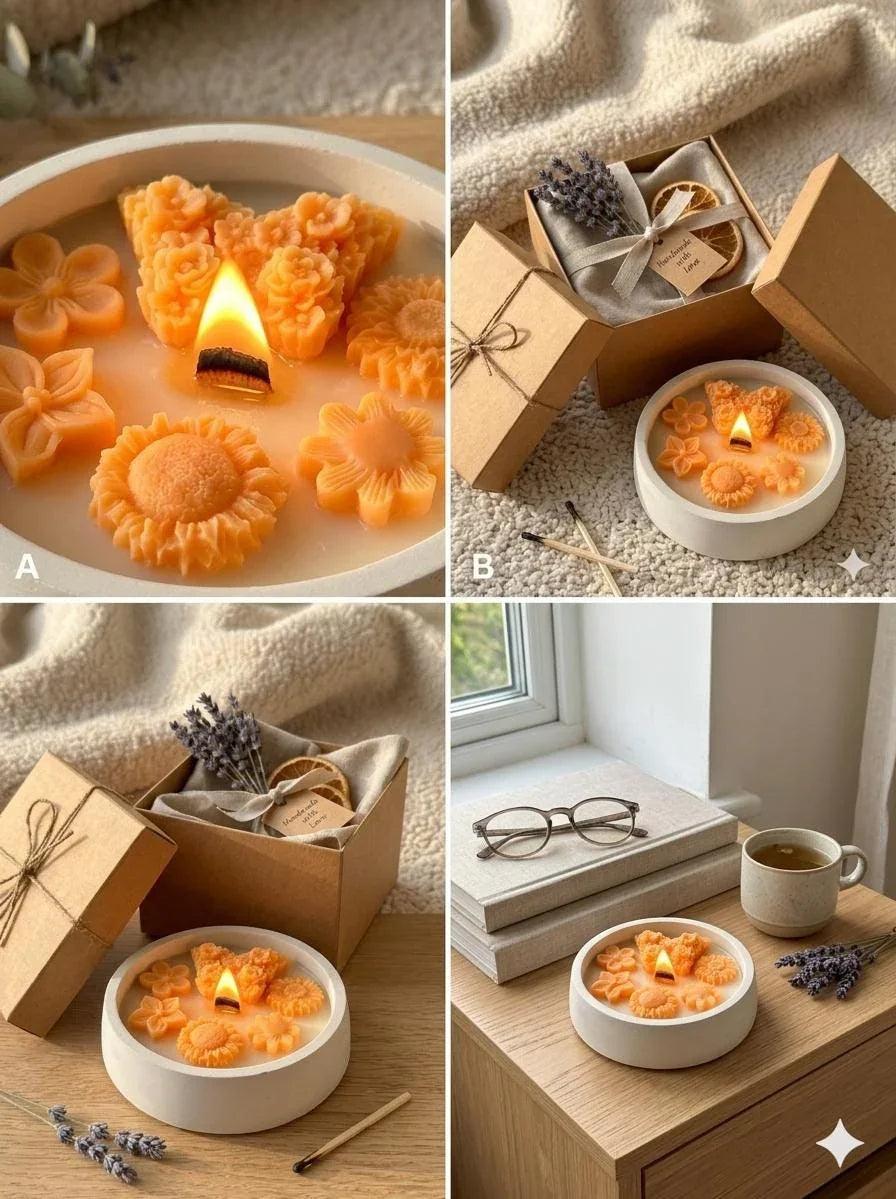 Handmade soy candle with floral wax melts, cozy Scandinavian home décor, perfect gift set
