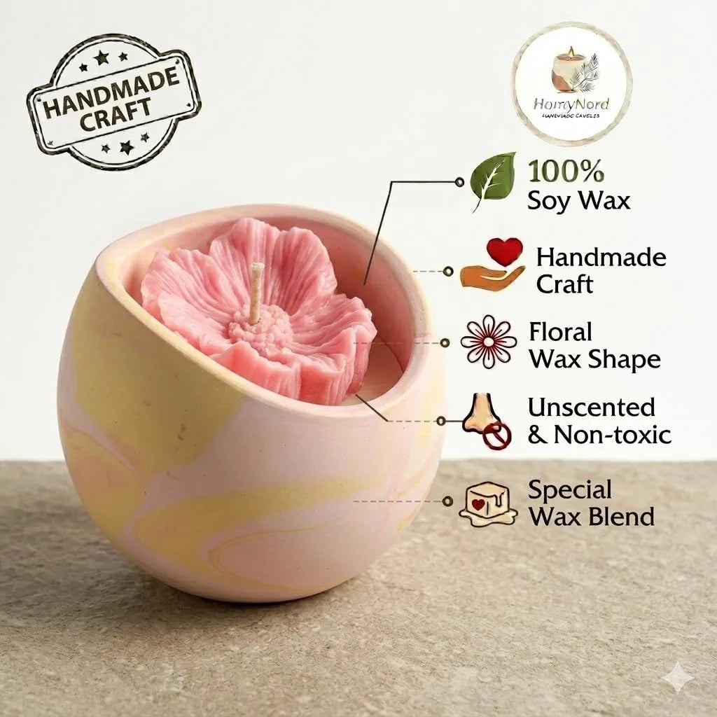 Handmade soy candle with floral wax shape in marbled ceramic holder, unscented and non-toxic