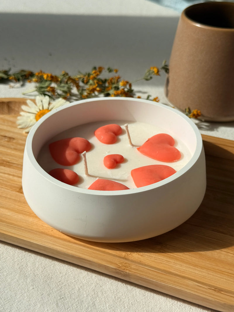 White ceramic candle with coral hearts, handmade soy candle for cozy home décor
