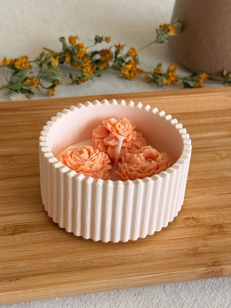 Handmade soy candle with peach rose design in white ceramic holder, Scandinavian home decor