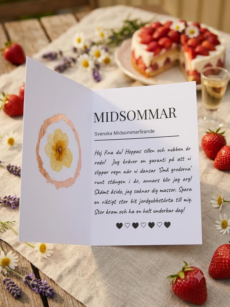 Midsommar greeting card with pressed flower, strawberries, and cake on rustic table