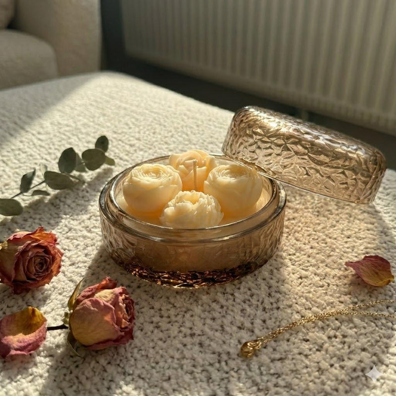 Handmade soy candle roses in amber glass jar, Scandinavian home decor with dried flowers and cozy ambiance