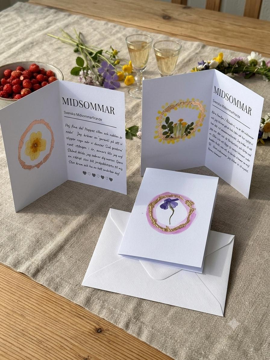 Scandinavian Midsommar greeting cards with floral wreaths, set on linen table with berries and wine glasses