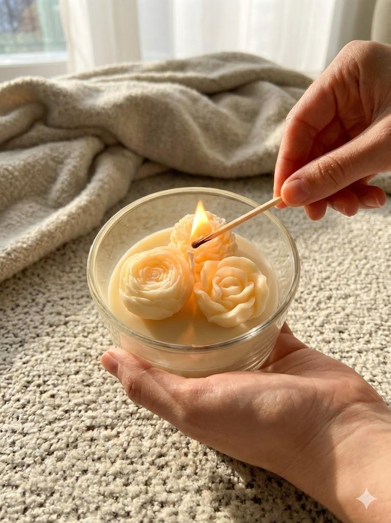 Hand lighting a soy candle with rose-shaped wax in glass bowl, cozy home décor