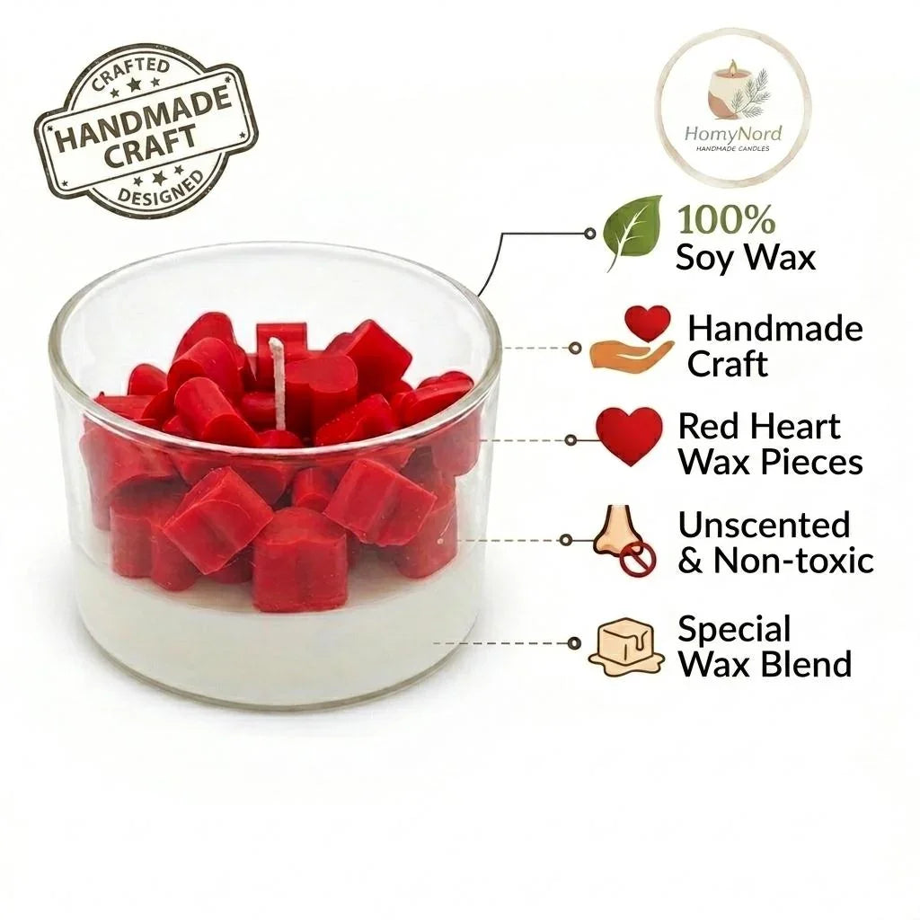 Red heart-shaped soy wax melts in glass jar, handmade, unscented, non-toxic, 100% soy wax blend