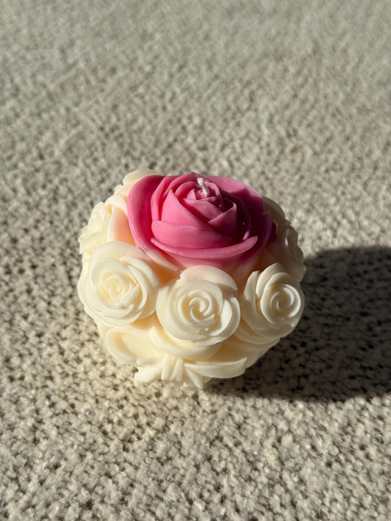 Handmade soy candle with pink and cream rose design, Scandinavian home decor