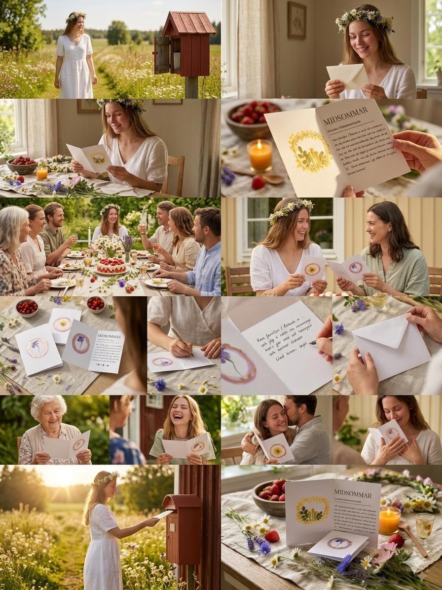 Scandinavian-style Midsummer greeting cards with floral designs, perfect for cozy home décor and thoughtful gifts