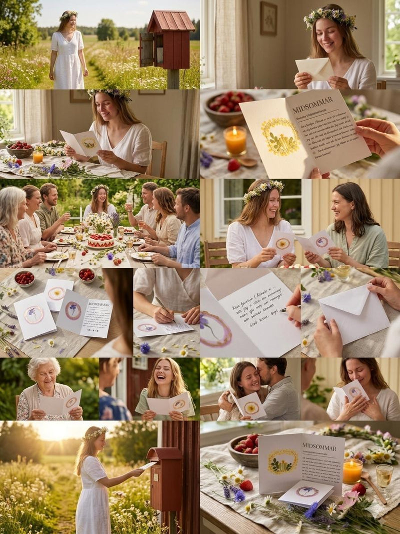 Scandinavian-style Midsummer greeting cards with floral designs, perfect for cozy home décor and thoughtful gifts