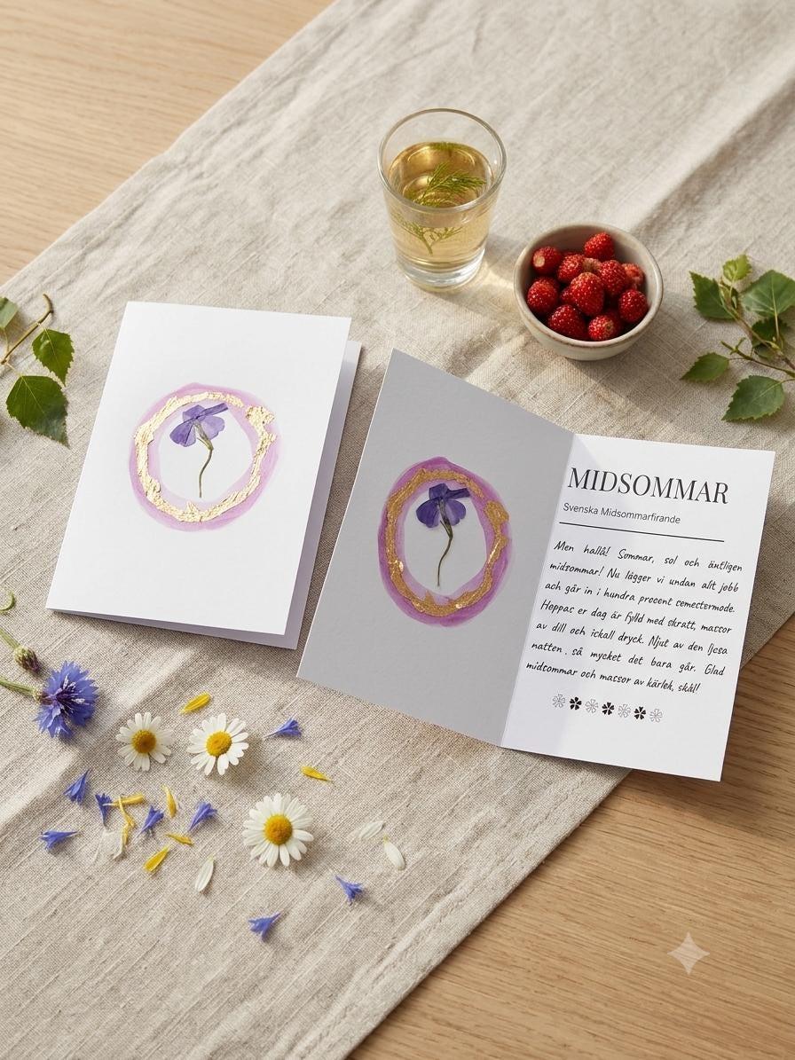 Scandinavian Midsummer greeting card with pressed purple flower, gold accents, and Swedish text on linen
