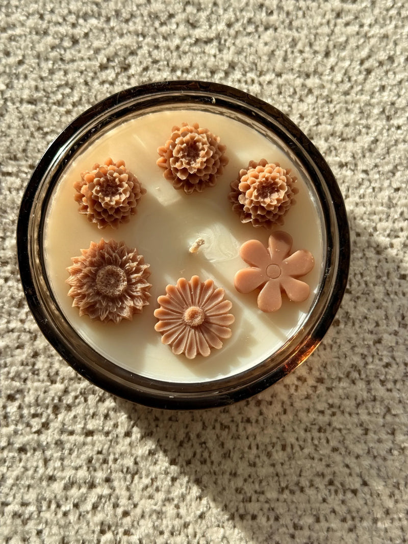Handmade soy candle with decorative flower wax melts in glass jar, Scandinavian home decor