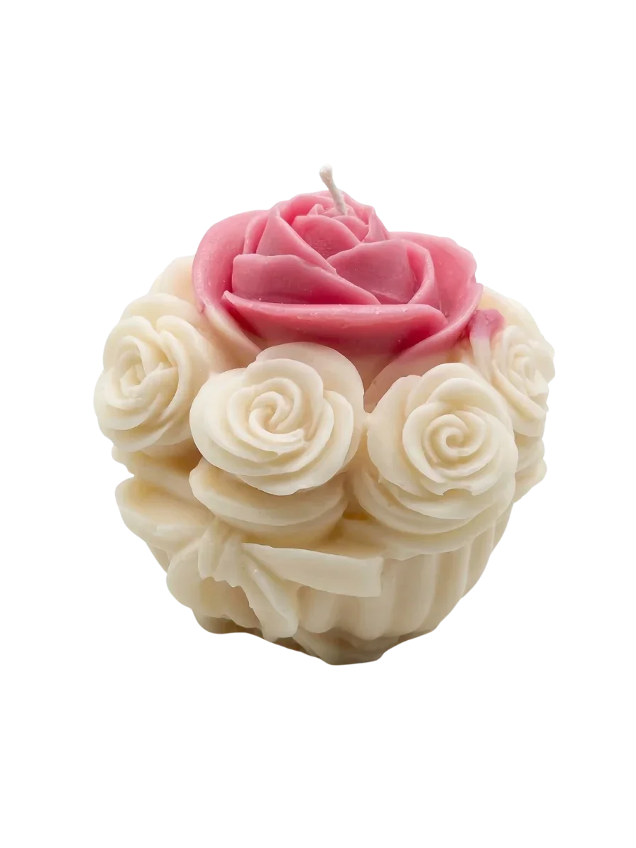 Handmade soy candle with pink and cream rose design, Scandinavian home decor