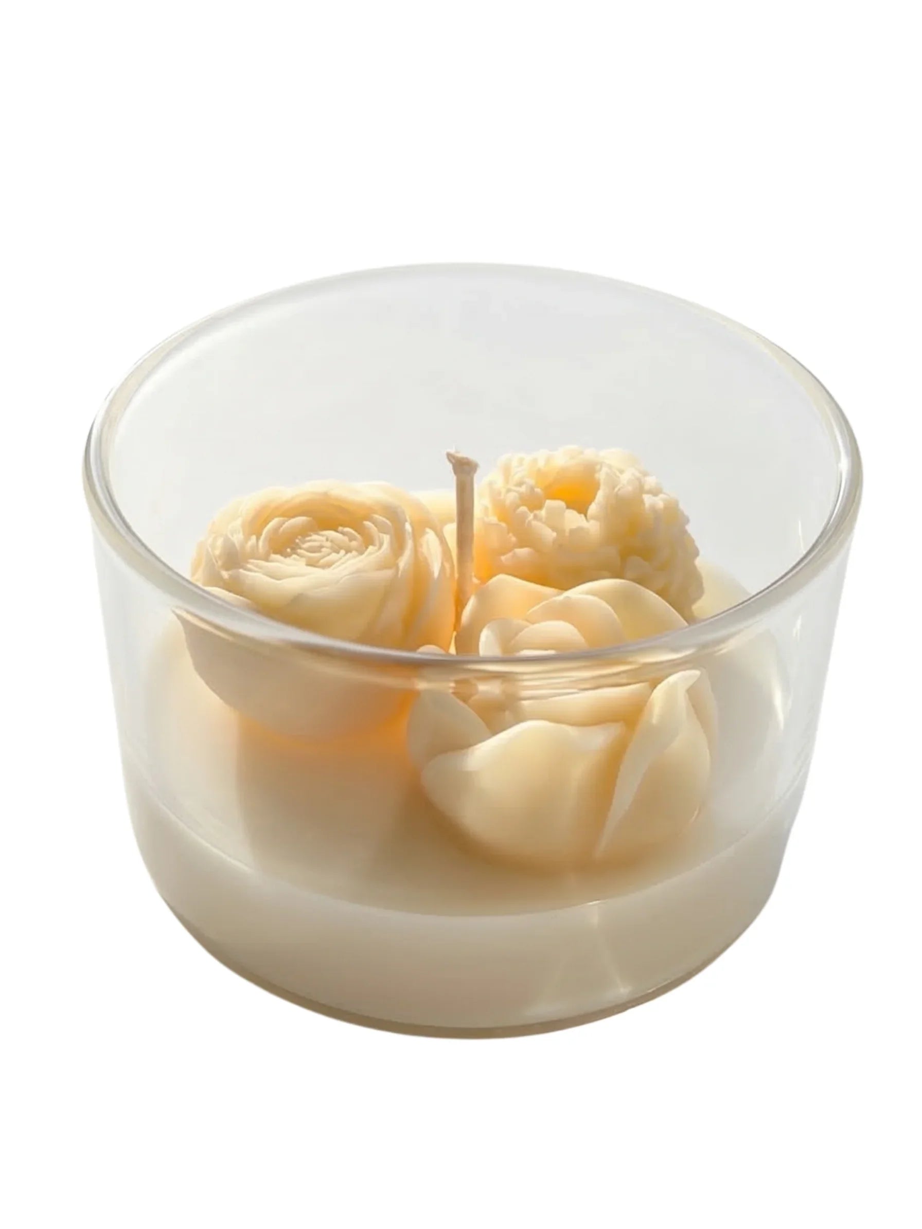 Handmade soy candle with floral rose design in clear glass jar, Scandinavian home decor