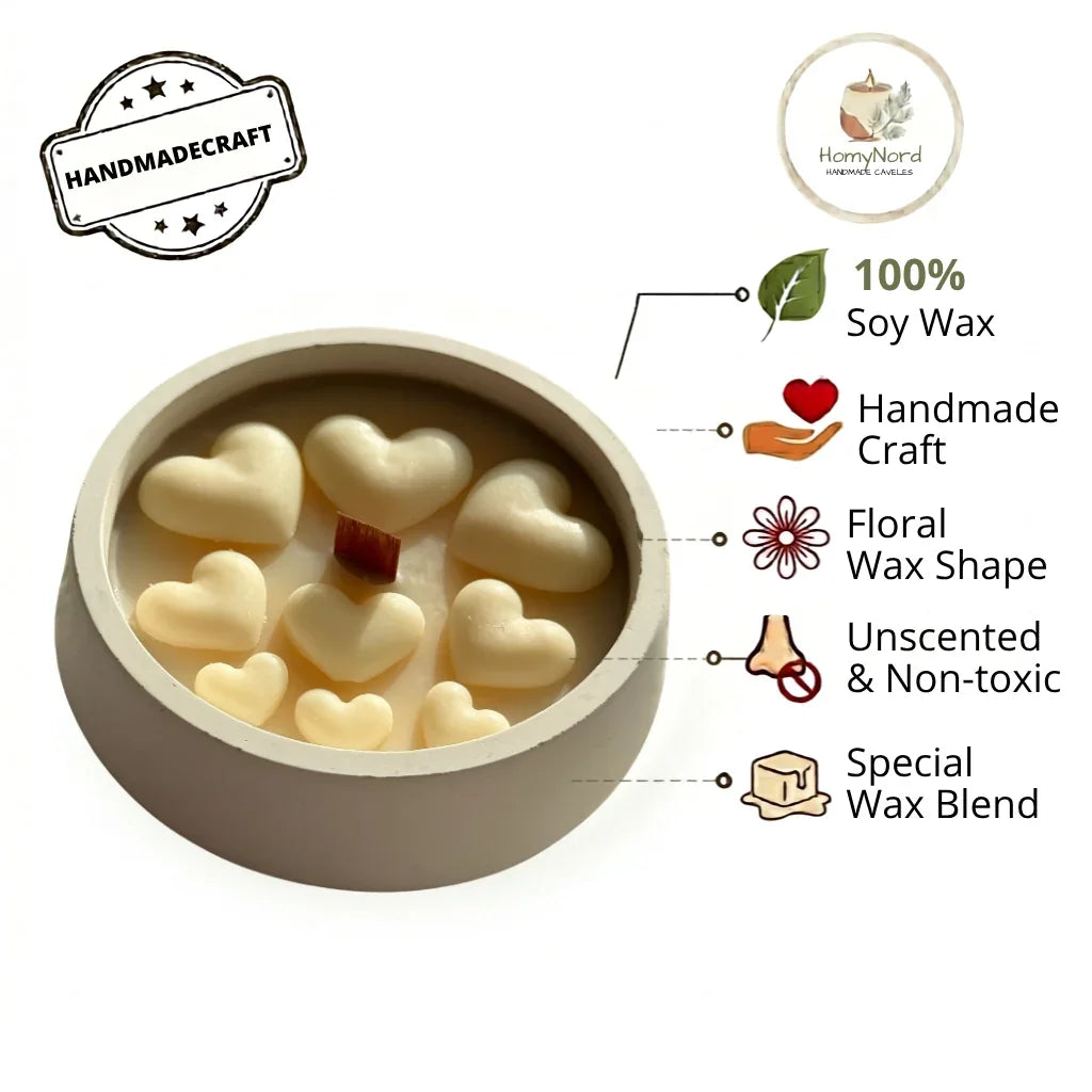 Handmade soy wax melts in heart shapes, unscented & non-toxic, floral wax blend in ceramic dish