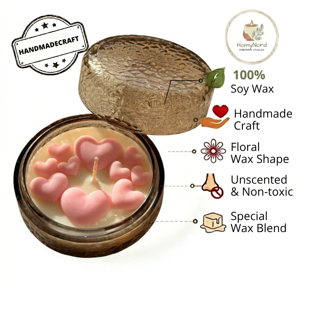 Handmade soy candle with pink heart-shaped wax, unscented & non-toxic, floral design in textured glass jar