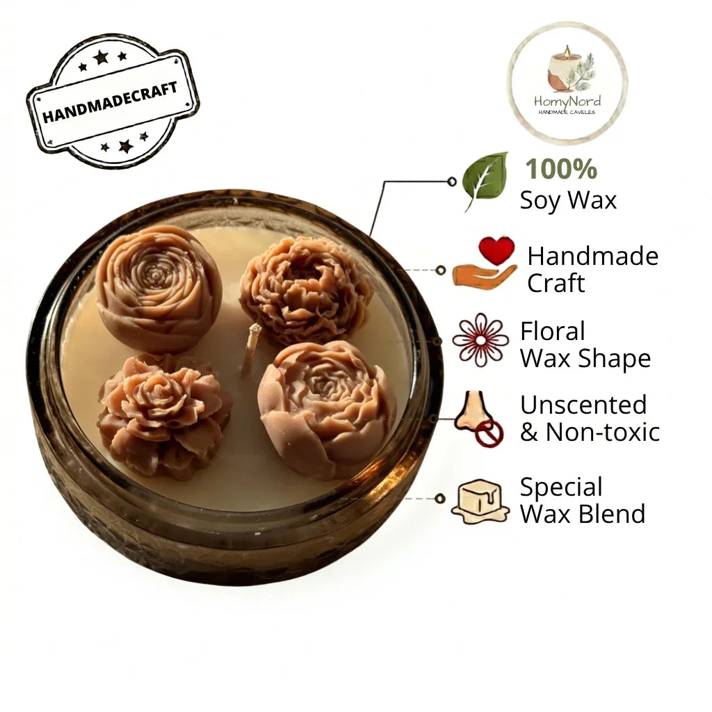 Handmade soy candle with floral wax shapes, unscented & non-toxic, crafted in Sweden