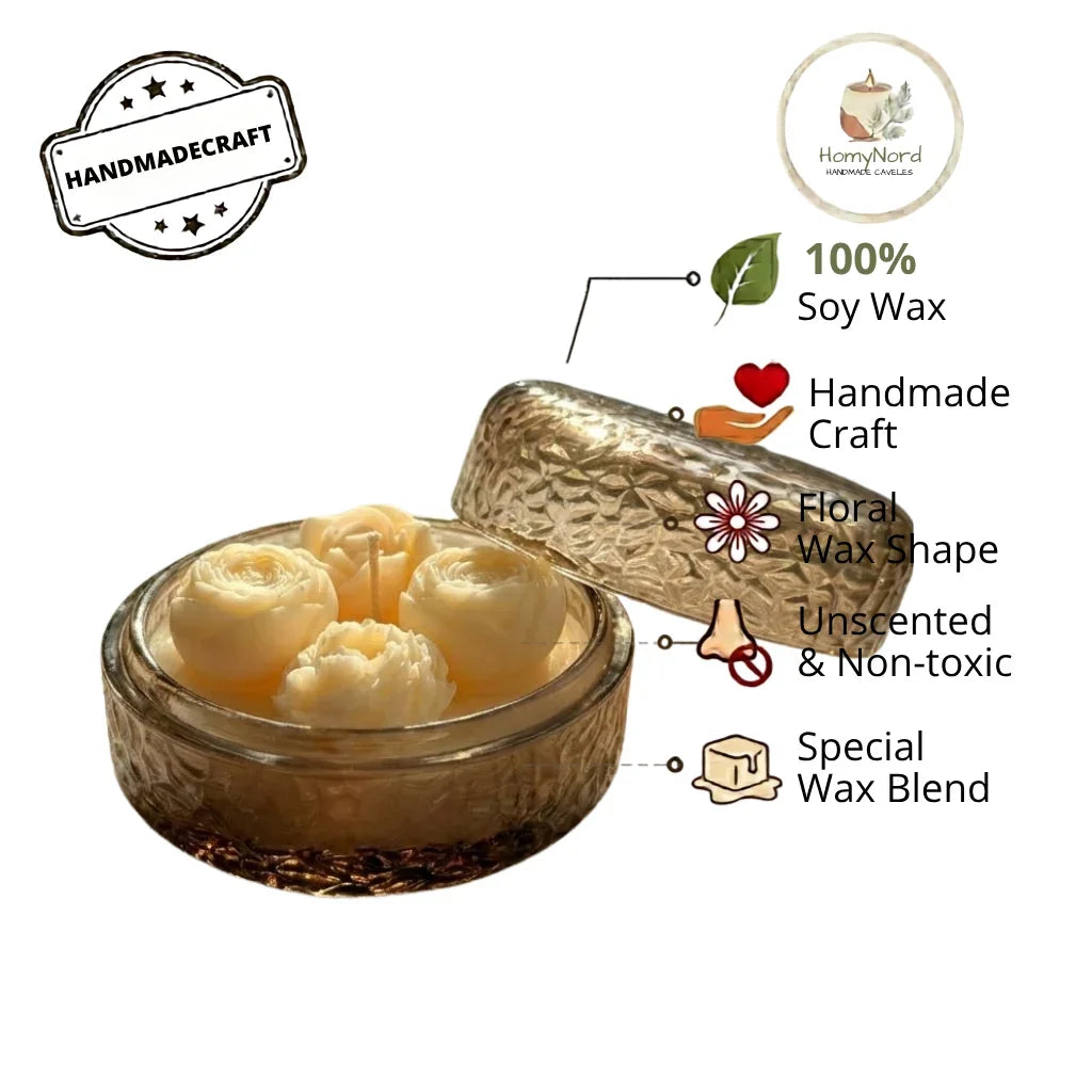Handmade soy wax candle with floral rose shapes, unscented & non-toxic, in decorative glass jar