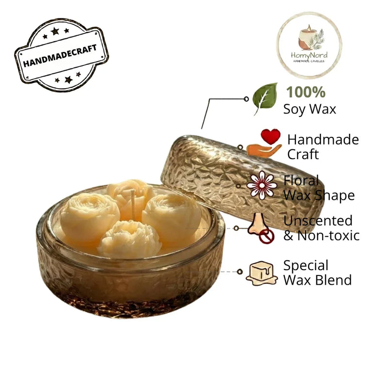 Handmade soy wax candle with floral rose shapes, unscented & non-toxic, in decorative glass jar
