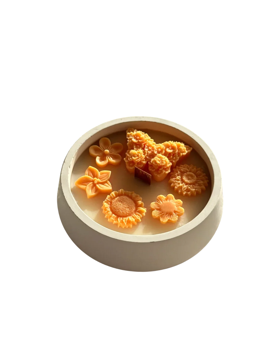 Handmade soy candle with orange flower wax melts in a ceramic bowl, Scandinavian home decor