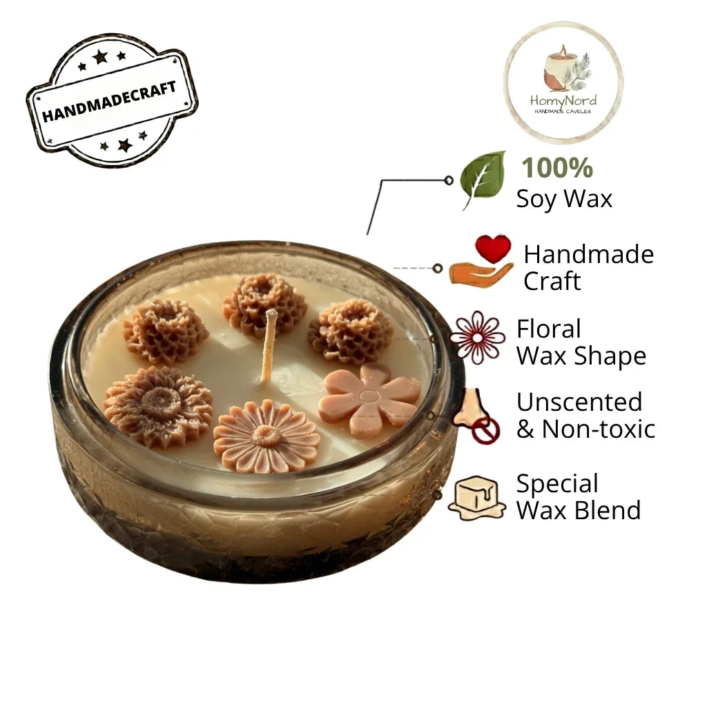 Handmade soy candle with floral wax shapes, unscented and non-toxic, crafted in Sweden