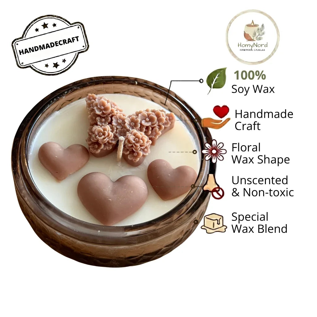 Handmade soy candle with floral and heart wax shapes, unscented and non-toxic, crafted in Sweden