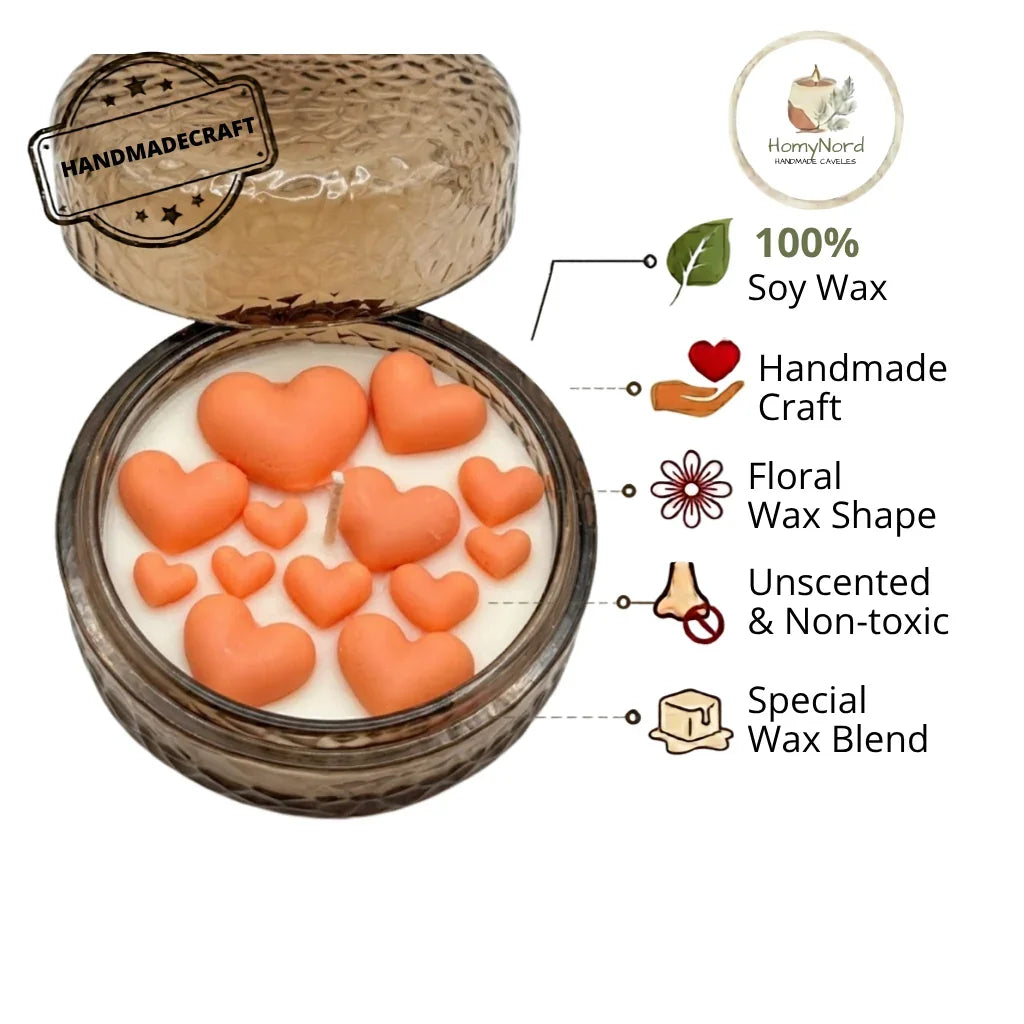 Handmade soy candle with heart-shaped wax, unscented & non-toxic, Scandinavian home décor