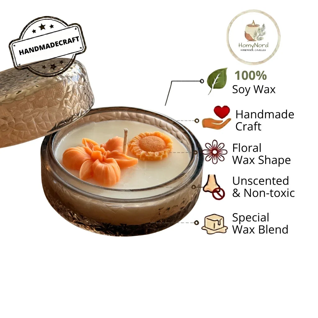 Handmade soy candle with floral wax shapes, unscented & non-toxic, Scandinavian home décor
