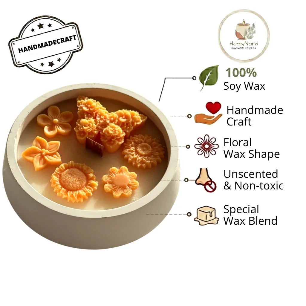 Handmade soy candle with floral wax shapes, unscented & non-toxic, Scandinavian home décor