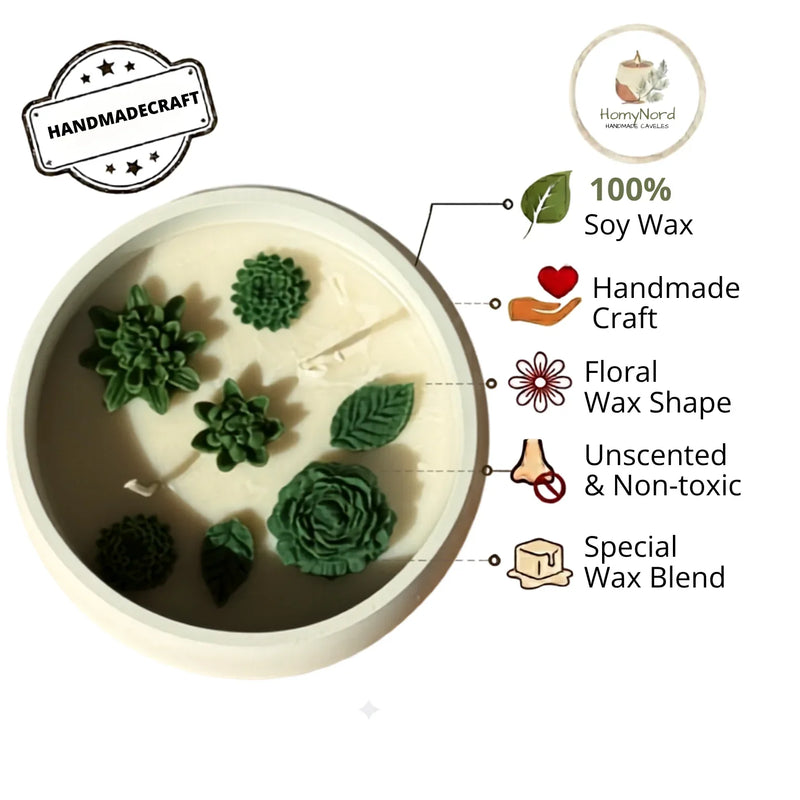 Handmade soy candle with floral wax shapes, unscented & non-toxic, crafted in Sweden