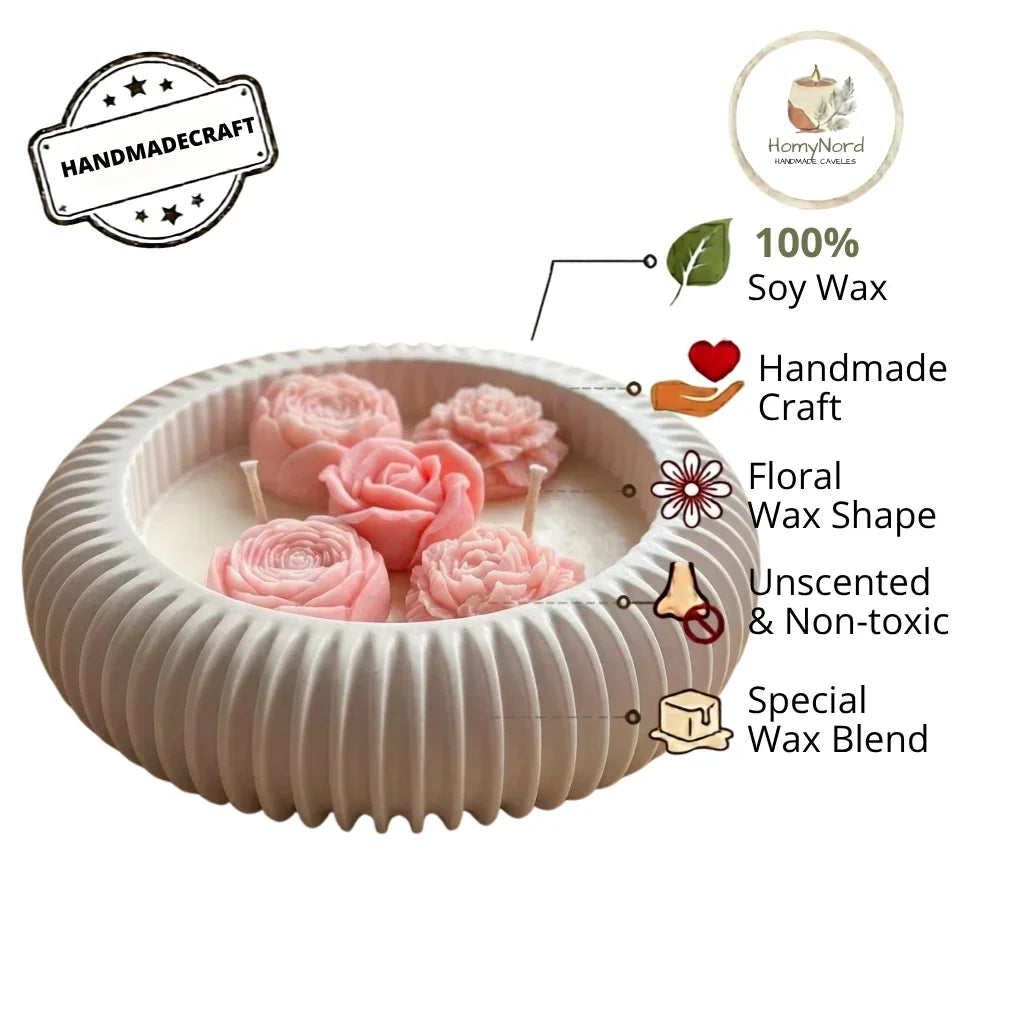 Handmade soy candle with pink rose wax shapes, unscented & non-toxic, Scandinavian home décor