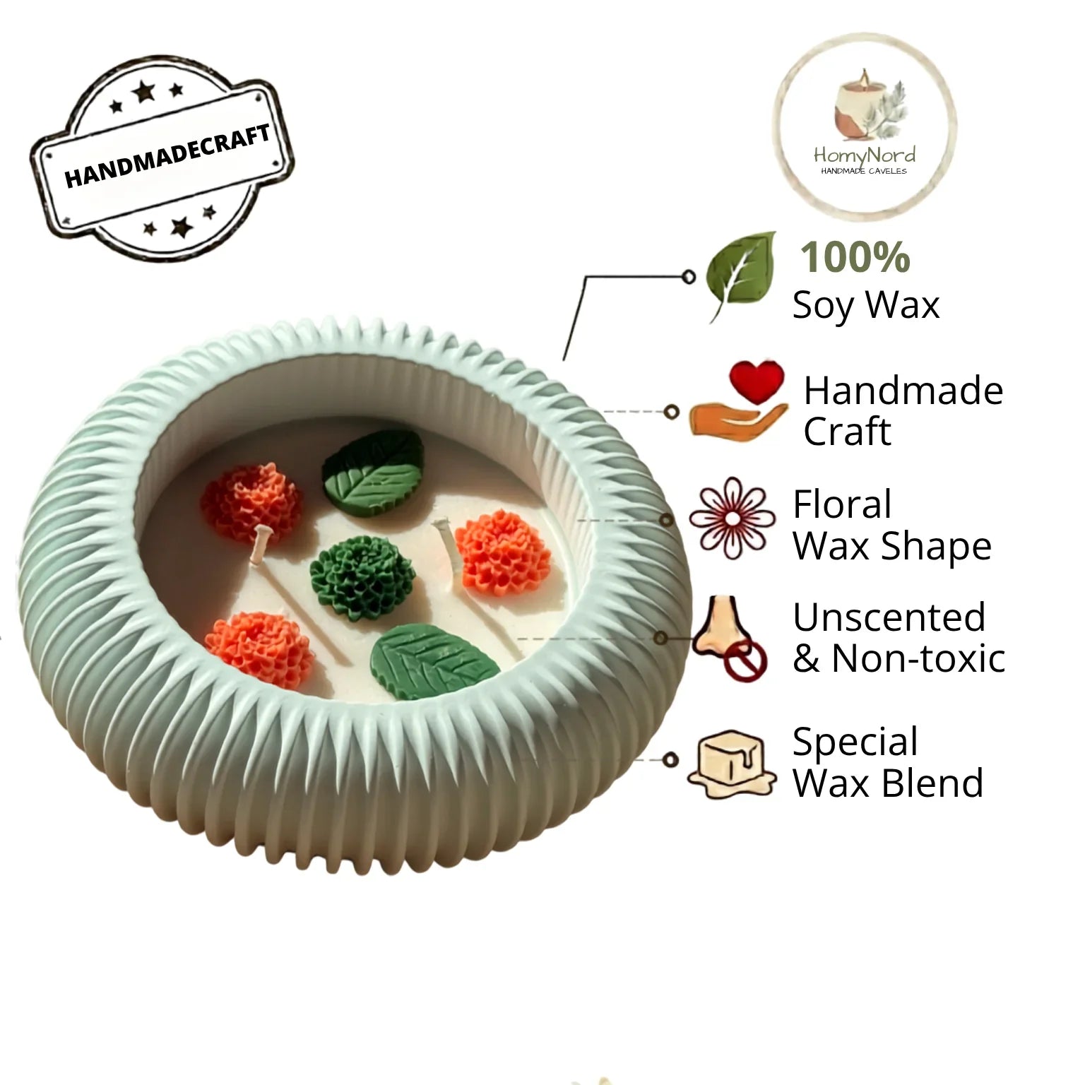 Handmade soy candle with floral wax shapes, unscented & non-toxic, Scandinavian home décor