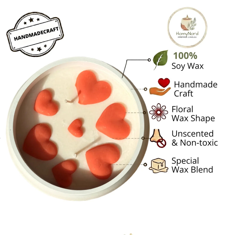 Handmade soy candle with heart-shaped wax, unscented & non-toxic, floral design, 100% soy wax blend
