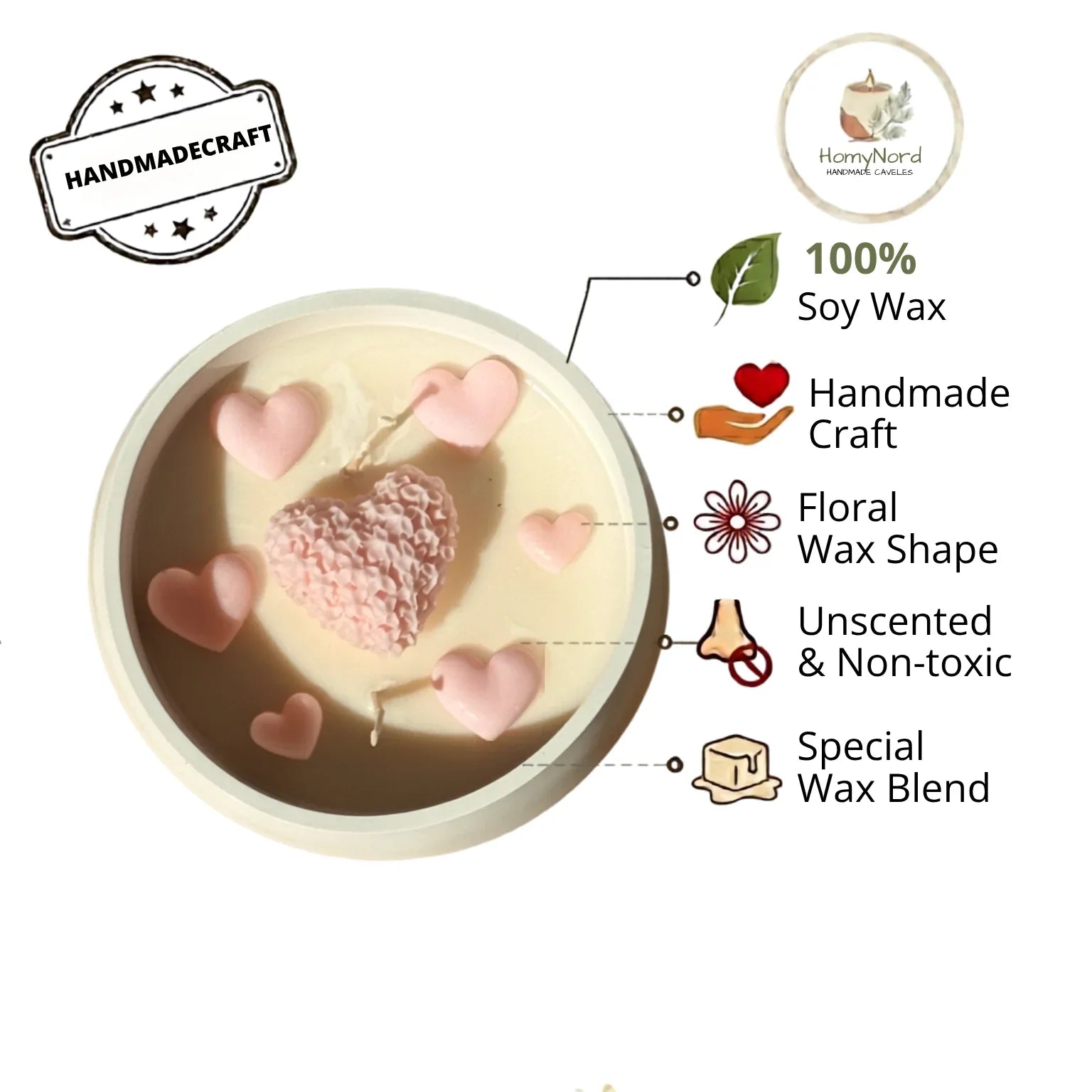 Handmade soy candle with pink heart wax shapes, unscented and non-toxic, crafted in Sweden