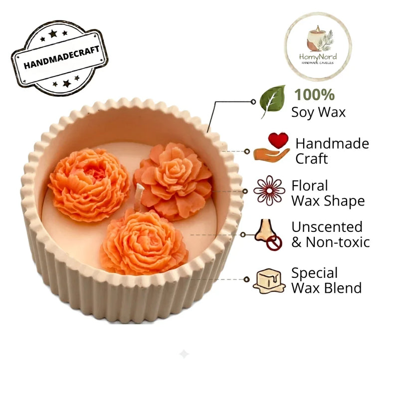 Handmade soy candle with floral wax roses, unscented & non-toxic, Scandinavian home décor