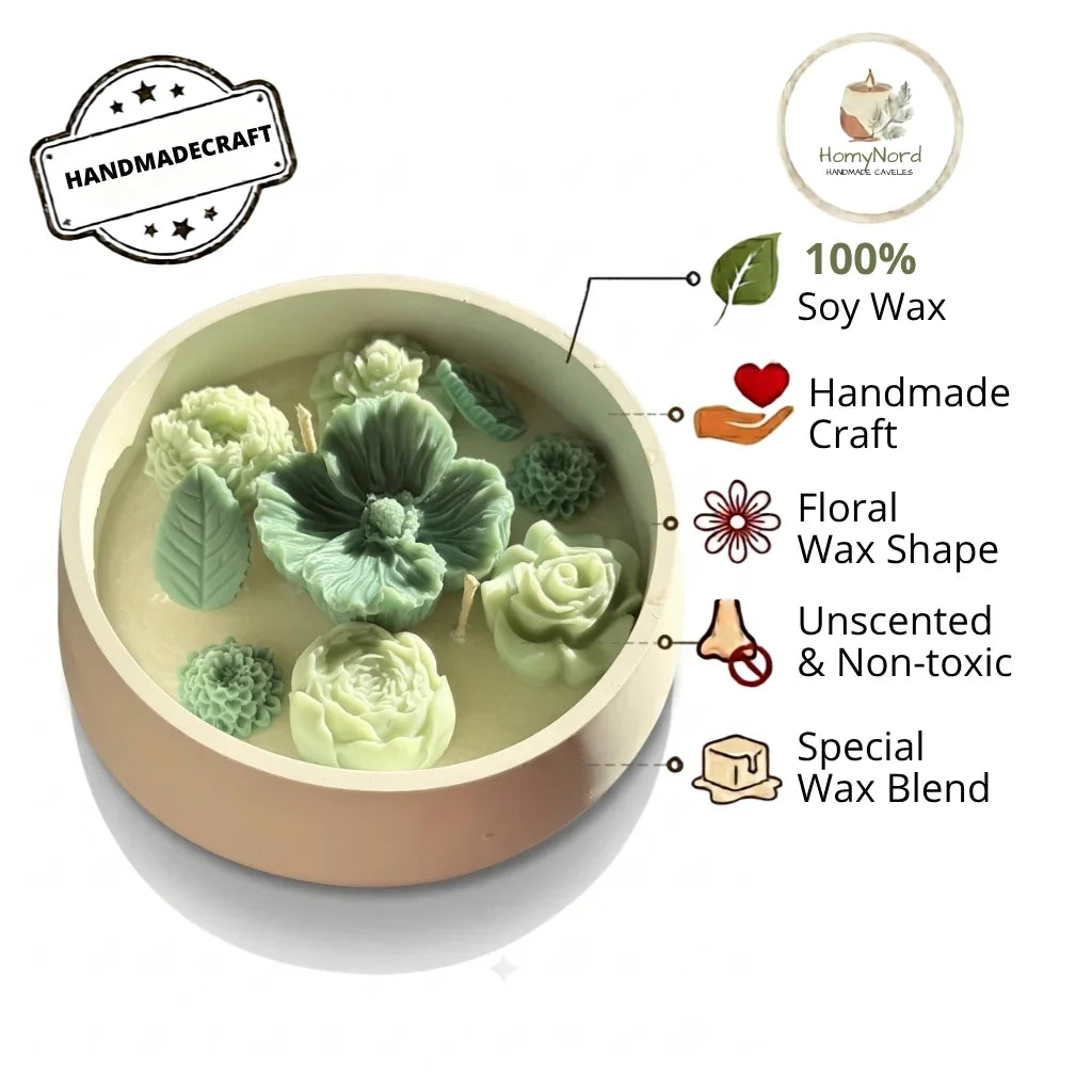 Handmade soy candle with floral wax shapes, unscented and non-toxic, crafted in Sweden