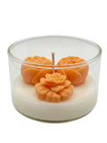 Handmade soy candle with orange rose wax flowers in clear glass jar, Scandinavian home décor