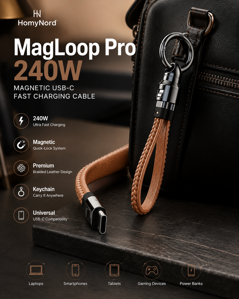 HomyNord MagLoop Pro 240W Magnetic USB-C Fast Charging Cable – Premium Braided Keychain Charging Cable with Quick-Lock Magnetic Connector for iPhone 16, Samsung Galaxy, iPad, MacBook & USB-C Devices