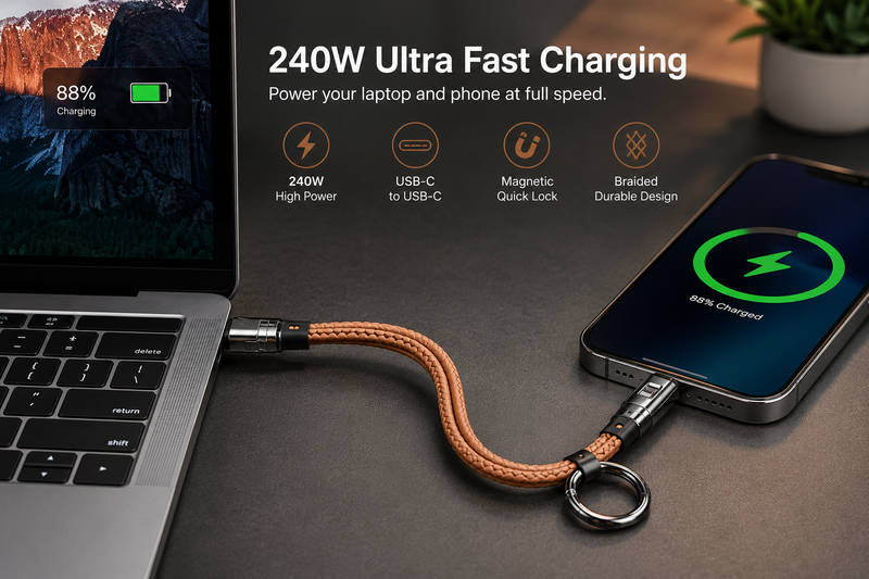 HomyNord MagLoop Pro 240W Magnetic USB-C Fast Charging Cable – Premium Braided Keychain Charging Cable with Quick-Lock Magnetic Connector for iPhone 16, Samsung Galaxy, iPad, MacBook & USB-C Devices