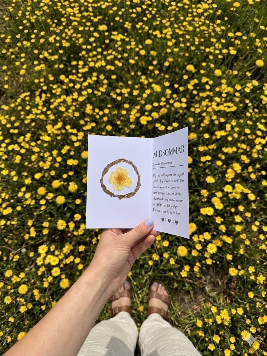 Hand holding Midsommar card with pressed flower, surrounded by yellow blooms in Swedish meadow