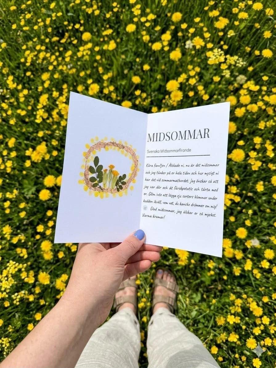 Hand holding a Swedish Midsummer greeting card with floral wreath design, set against a field of yellow wildflowers.