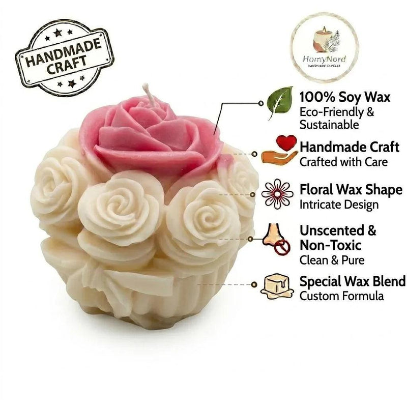 Handmade soy candle shaped like pink and cream roses, eco-friendly and unscented floral wax design